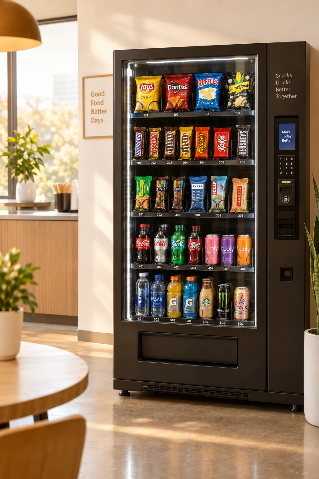 Modern vending machine stocked with snacks and drinks in a bright office breakroom