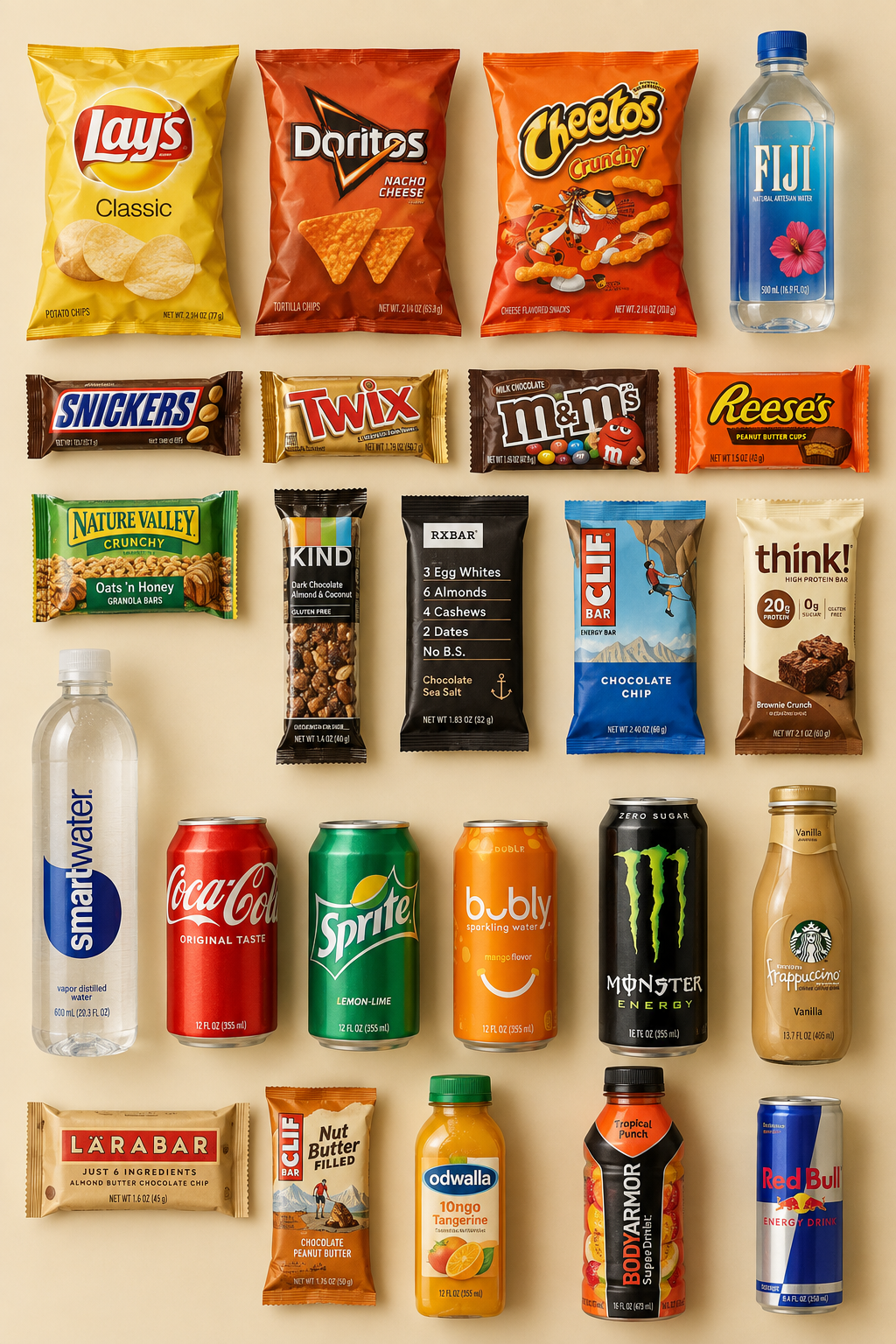 Assorted snacks and drinks arranged in a grid on a cream surface